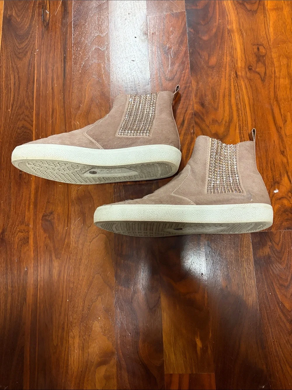 Women's Taupe Slip-On Chelsea Sneakers with Embellished Elastic Panels